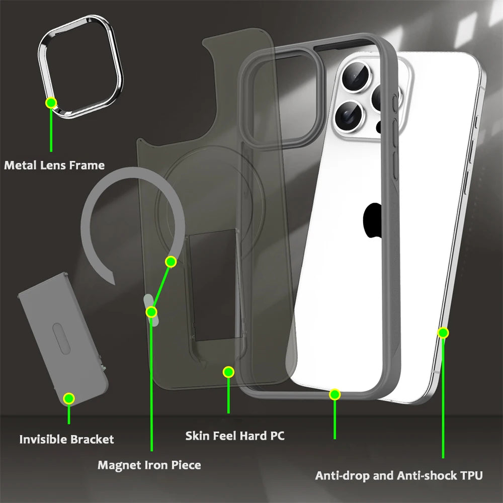 Luxury For Magsafe Folding Stand Magnetic Phone Case For iPhone 16 15 14 Plus 13 12 11 Pro Max Matte Translucent Back Cover Caps