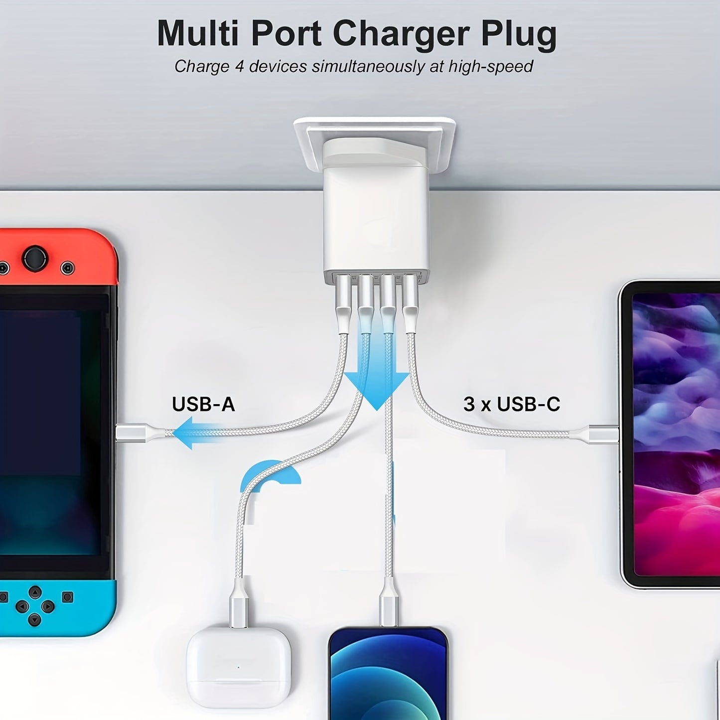 4-Port USB Wall Charger Quick Charge 3.0 Multi USB UK Plug