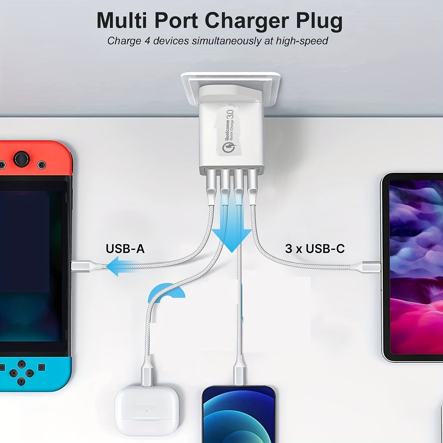 4-Port USB Wall Charger Quick Charge 3.0 Multi USB UK Plug