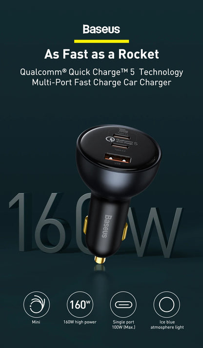 Baseus 160W USB Car Charger QC5.0 Fast Charging for iPhone