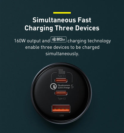 Baseus 160W USB Car Charger QC5.0 Fast Charging for iPhone