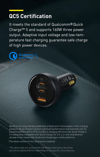 Baseus 160W USB Car Charger QC5.0 Fast Charging for iPhone
