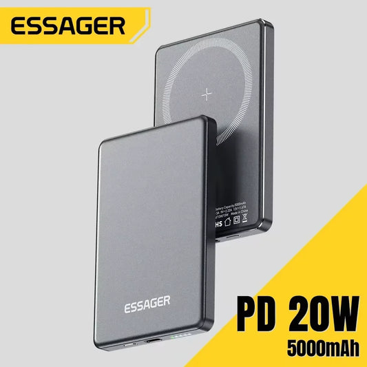 Essager power bank with wireless charging pad on a gray background