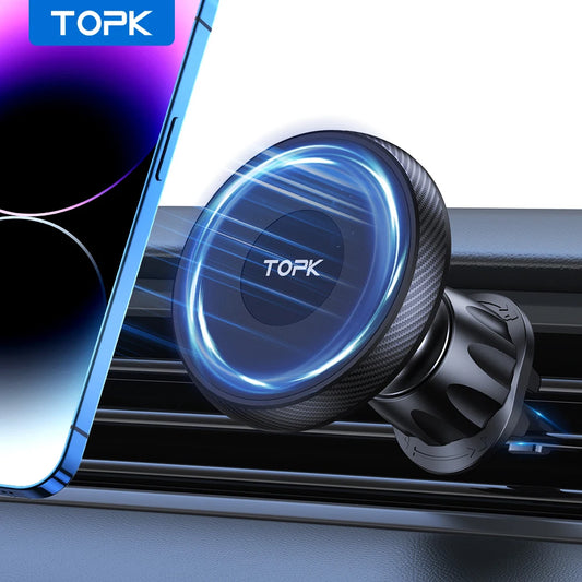 Topk car air vent phone holder with blue light on a car interior background
