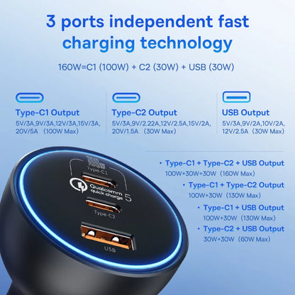 Baseus 160W USB Car Charger QC5.0 Fast Charging for iPhone