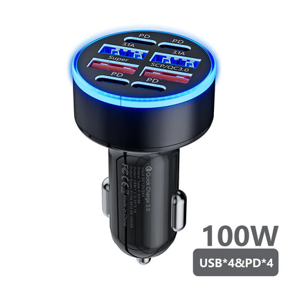 100W 6 Ports Car Charger USB Type C PD QC3.0 Fast Charger