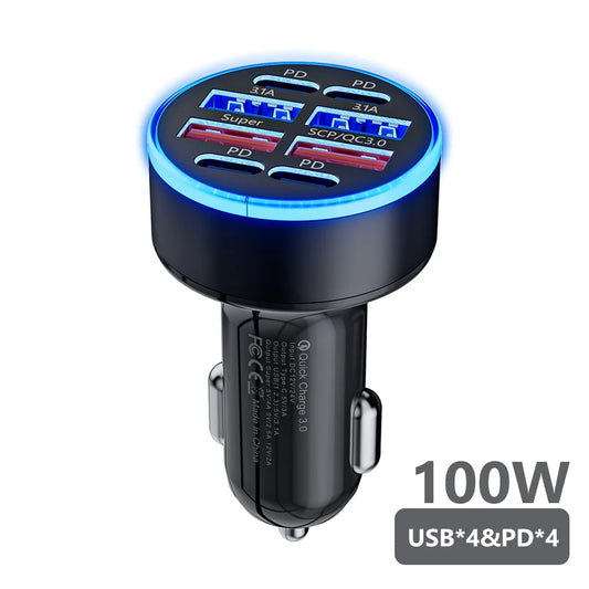 100W 6 Ports Car Charger USB Type C PD QC3.0 Fast Charger