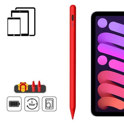 Red stylus pen with compatibility information for Apple iPads on a white background