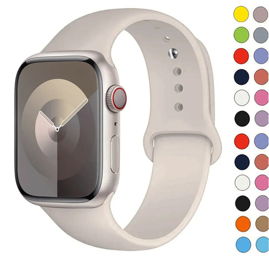 White smartwatch with a color swatch of band options on a white background