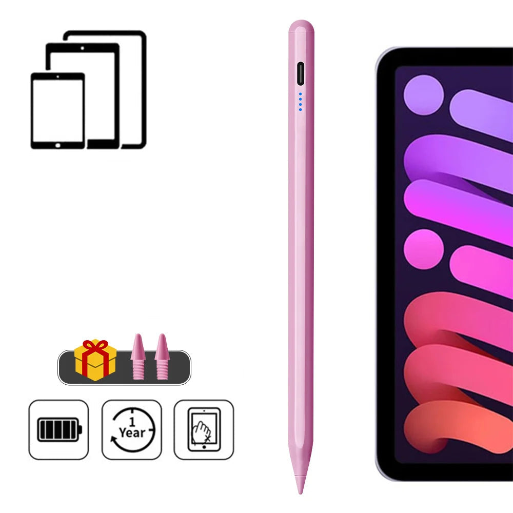 Pink stylus with tablet and iPad model compatibility information on a white background