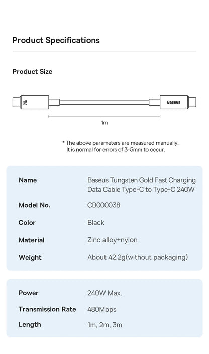 Baseus PD 240W Fast USB-C Cable For iPhone 16 MacBook iPad