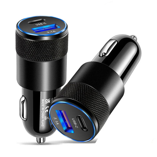 Car charger with USB-C and USB-A ports on a white background