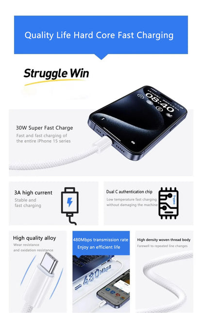 Original USB-C Cable For iPhone Fast Charging Type C Cable