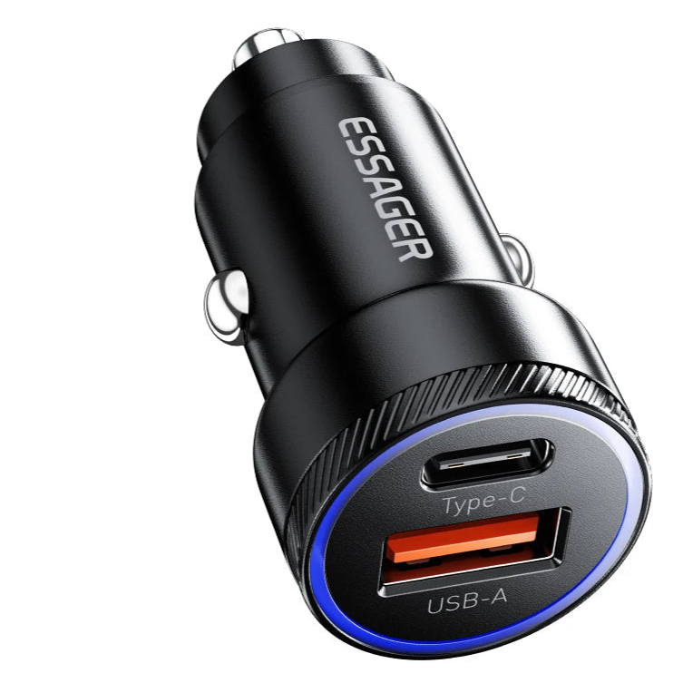Essager mini car charger with dual USB ports on a white background
