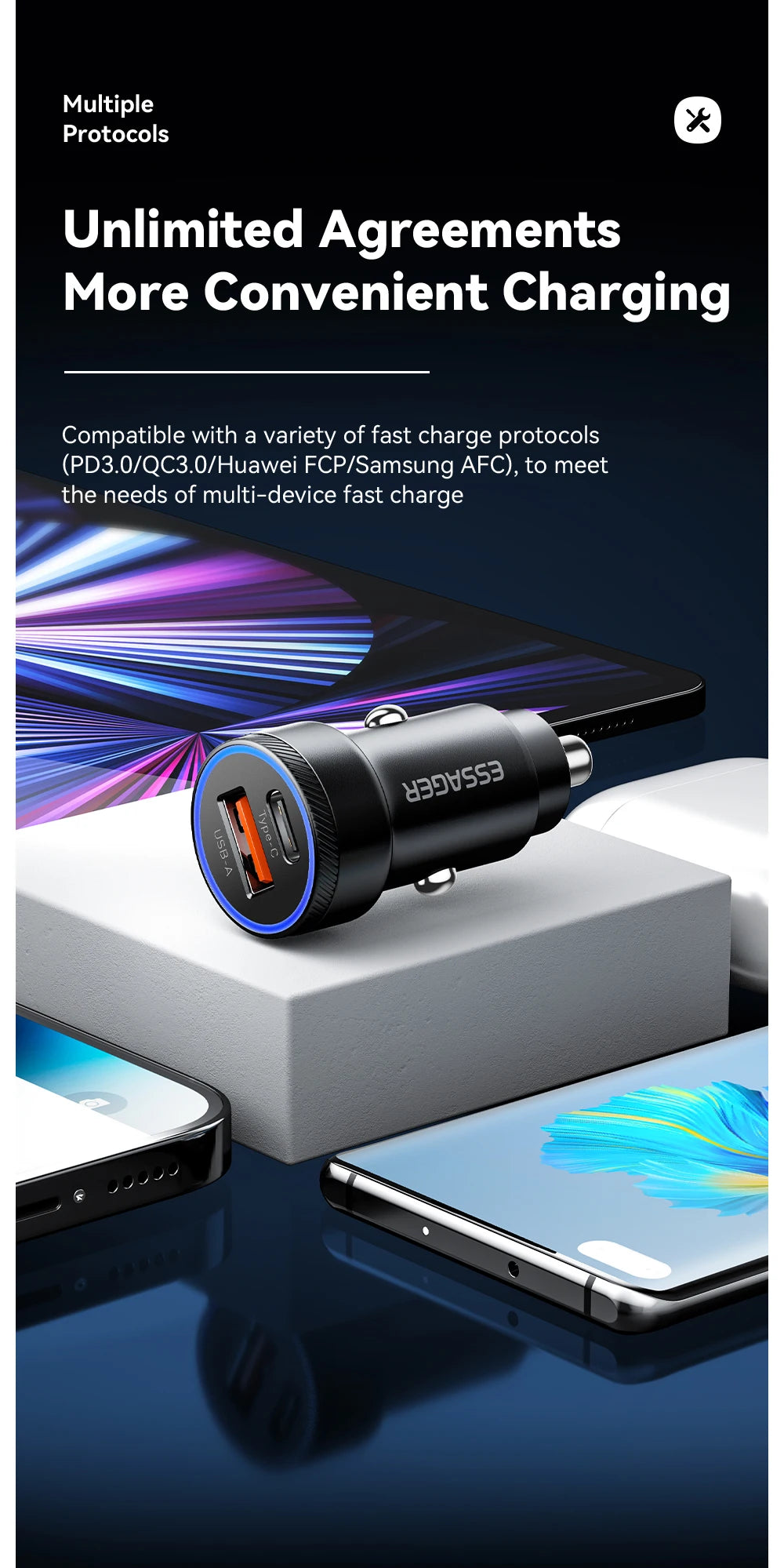 Essager 54W USB Car Charger | Fast Charging for iPhone