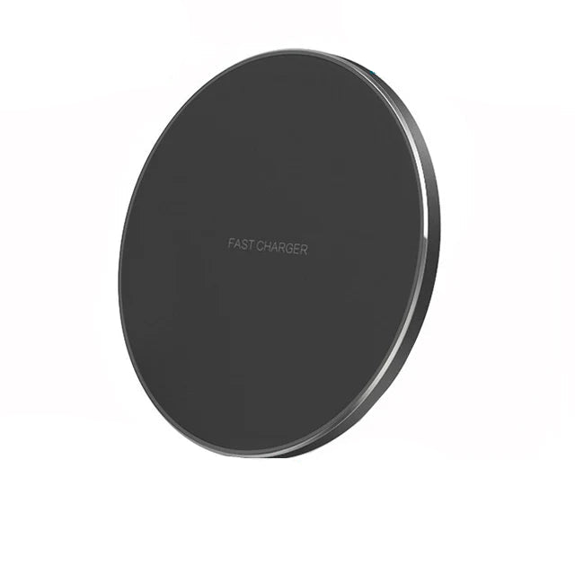 Black wireless charger pad with text indicating power rating and cable information on a white background
