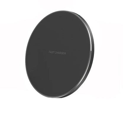 Black wireless charger pad with text indicating power rating and cable information on a white background
